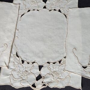 VINTAGE LINEN CHAIR COVER SET MADEIRA EMBROIDERED